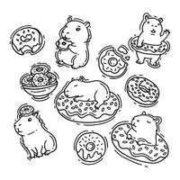set of hand drawn doodle cartoon capybara with donut vector