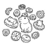 Hand drawn doodle of donuts and capybara. illustration vector