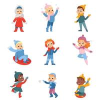 Cheerful Kids Enjoying Winter Holidays Sledging and Playing Snowball Fight Set vector