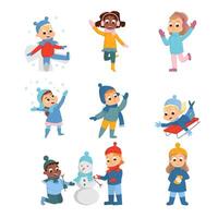 Cheerful Kids Enjoying Winter Holidays Building Snowman and Sledging Set vector