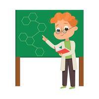 Cute Boy in Laboratory Coat at Blackboard Explainign Molecular Formula Illustration vector