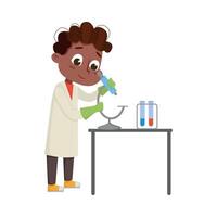 Cute Boy in Laboratory Coat Examining Molecular Structure Through Microscope Illustration vector