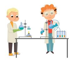 Smart Boys in Laboratory Coat Conducting Chemical Experiments in Glass Flask Illustration vector