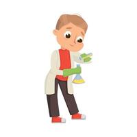 Funny Boy in Laboratory Coat Mixing Chemicals in Glass Flask Illustration vector