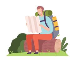 Young Man with Backpack Sitting on Log and Examining Map Illustration vector