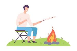 Man Camper Sitting on Chair at Campfire and Frying Marshmallow Illustration vector