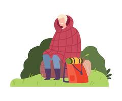 Cheerful Man Wrapped in Blanket and Sitting on Log with Backpack Illustration vector