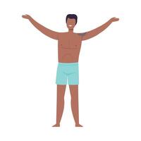 Smiling Man with Tattoo Wearing Swimming Trunks Standing on Beach Illustration vector