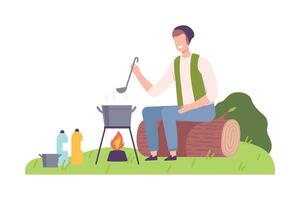 Man Camper Sitting on Log at Campsite and Boiling Soup in Caldron Illustration vector