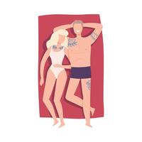 Relaxed Man and Woman with Tattoo Having Rest on Beach Lying on Towel Top View Illustration vector