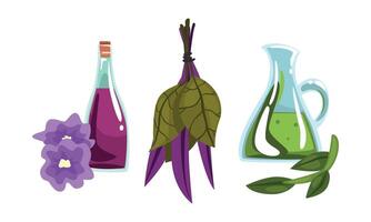 Essential Aromatic Oil Bottles for Spa Treatment Set vector