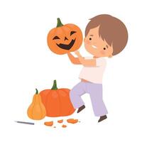 Cheerful Boy Showing Handcrafted Pumpkin with Cutout Smile Illustration vector
