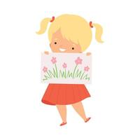 Smiling Girl Showing Paper with Pictured Flower Illustration vector