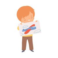 Little Boy Showing Paper with Pictured Plane Illustration vector