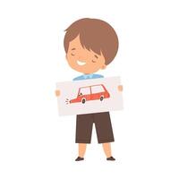 Smiling Boy Showing Paper with Pictured Car Illustration vector