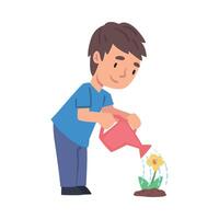 Cute Boy Watering Flower, Child Working in Garden and Caring about Planet, Environmental Protection Concept Style Illustration isolated on White Background vector