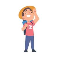 Cute Smiling Boy in Straw Hat Standing with Backpack Cartoon Style Illustration on White Background vector