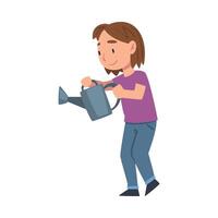 Cute Girl with Watering Can, Child Working in Garden and Caring about Planet, Environmental Protection Concept Cartoon Style Illustration vector