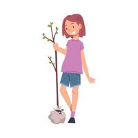 Smiling Girl Planting Tree, Child Working in Garden or Taking Care about Planet, Environmental Protection Concept Cartoon Style Illustration vector