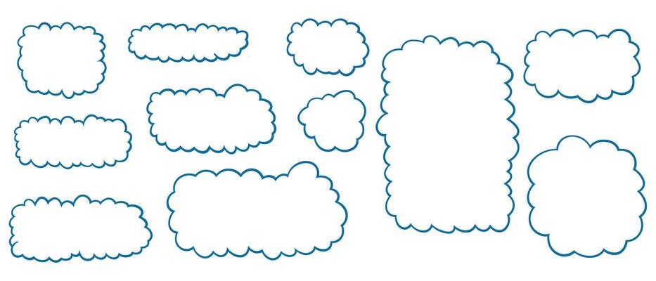 Set of cloudy wave edge frames in blue color. Curved border shapes for text, speech bubbles, or labels. illustration of abstract cloud-like frames. Isolated on white background.