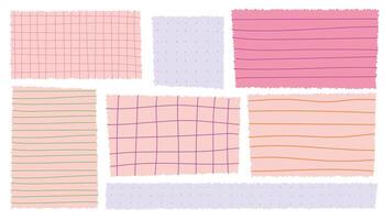 Crayon drawn notebook paper set with grid, lines, dots. Hand drawn colorful notes and funky stickers. Textured square paper for school, math, planner, or bullet journal design. vector