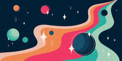Retro space banner, abstract flat striped path with planets, stars and grainy texture. Abstract cosmos futuristic wallpaper with bright colors. illustration. vector