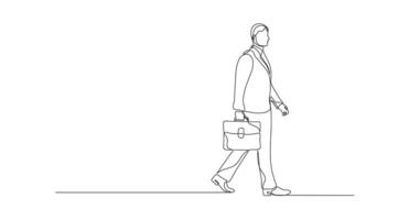 Businessman walking with briefcase in continuous line drawing style. Sketch of man carrying briefcase in minimalist black lines isolated on white background. vector
