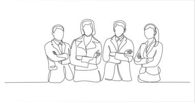 Employees standing confidently in continuous line drawing style. Healthy employee relationship sketch in minimalist black lines isolated on white background. vector