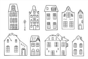 Monochrome set of Gothic style European houses with architecture. Town silhouettes graphic sketch for fairy tale books, historical game assets, vintage Christmas decor, fantasy themed design vector