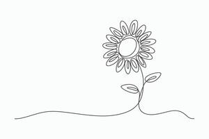 Single line drawing of a sunflower with leaves vector
