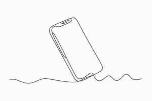 Single line drawing of smartphone falling into water vector