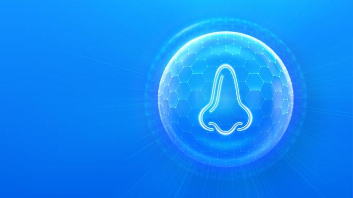 Human nose and respiratory system care.Protection from viruses, dust and allergens. Healthcare. Nose icon inside protection sphere shield with hexagon pattern on blue background