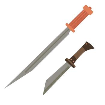 Two historical seax swords, including a long seax and a shorter broken-back seax. Medieval weapon design. Flat style hand drawn illustration vector