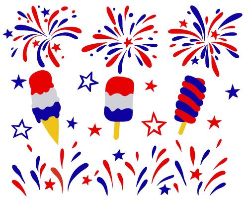 Set of fireworks and elements for American Independence Day.