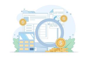Income tax calculation concept, calculating income and filling tax forms, completing tax forms with calculator. Financial statements, Annual Tax Returns, Financial documents. Flat illustration. vector