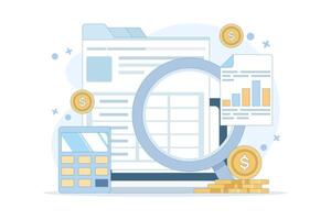 Income tax calculation concept, calculating income and filling tax forms, completing tax forms with calculator. Financial statements, Annual Tax Returns, Financial documents. flat design. vector
