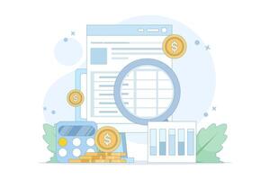 Income tax calculation concept, calculating income and filling tax forms, completing tax forms with calculator. Financial statements, Annual Tax Returns, Financial documents. illustration. vector