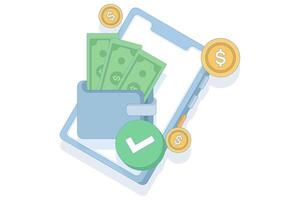 digital wallet and mobile transaction concept. wallet containing cash stored on a smartphone. customizable e-wallet with digital currency. online transaction. design illustration. vector