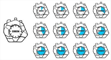 Digital Timer Icons Set Interval Countdown from 0 to 60 Minutes, Workout Interval Timer, Flat Style Countdown Timer Illustration, Minute Progress Clock, stone textured and cracked watch vector
