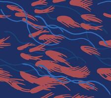 Hand drawn brush lines abstract fish in the pond seamless pattern in orange and blue, Japanese wood carving, block print texture background for textile, carpet, decoration vector