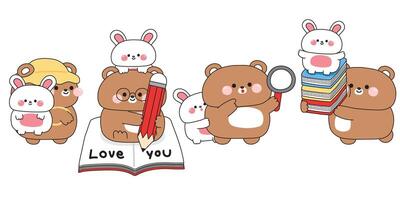 Set of cute teddy bear and rabbit in back to school concept.Student and teacher.Book and pencil.Study learn.Wild and rodent animal character cartoon.Kawaii.Illustration vector
