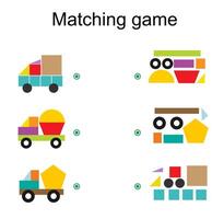 Matching game for kids. Find the correct set of cartoon truck and match. vector