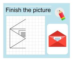 Logic game for children. Finish the picture - red envelope. Coloring page. vector