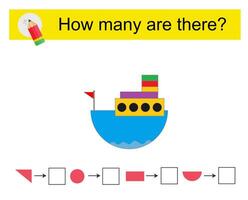 Math activity for children. How many geometric shapes Cartoon ship. vector