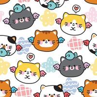 Pattern of cute cats with birds vector