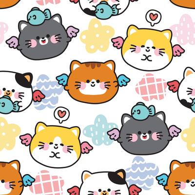 Seamless pattern of cute round shape cats have wing fly with fish star background.Angle.Pet animal character cartoon.Meow.Kawaii.Illustration.