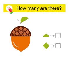 Math activity for kids. How many geometric shapes Cartoon acorn. vector