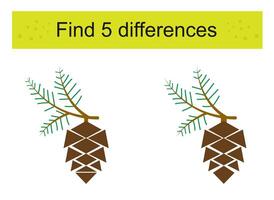 Find 5 differences. Cartoon pine cone. Logic puzzle game for children. vector