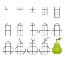 How to draw step by step Worksheet easy guide to drawing cartoon pear. Developing kids skills for drawing and coloring. vector
