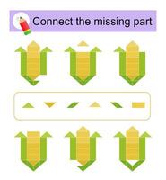 Connect the missing part. Attention task for kids. Cartoon corn. vector